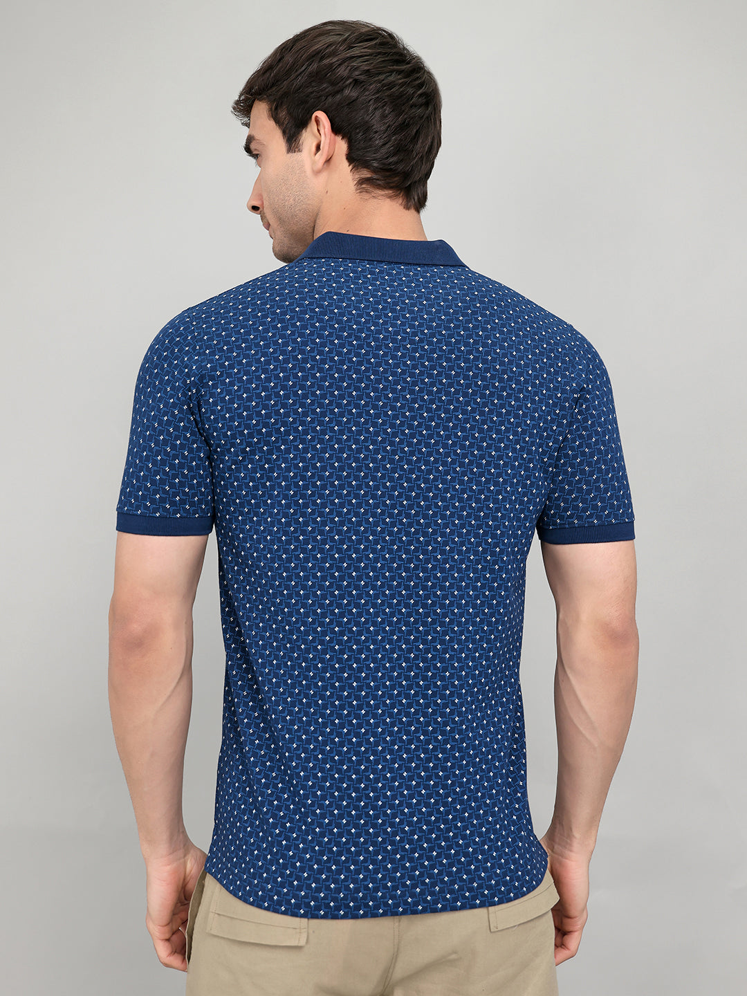 Men Blue Printed Collar Half Sleeve T-Shirt
