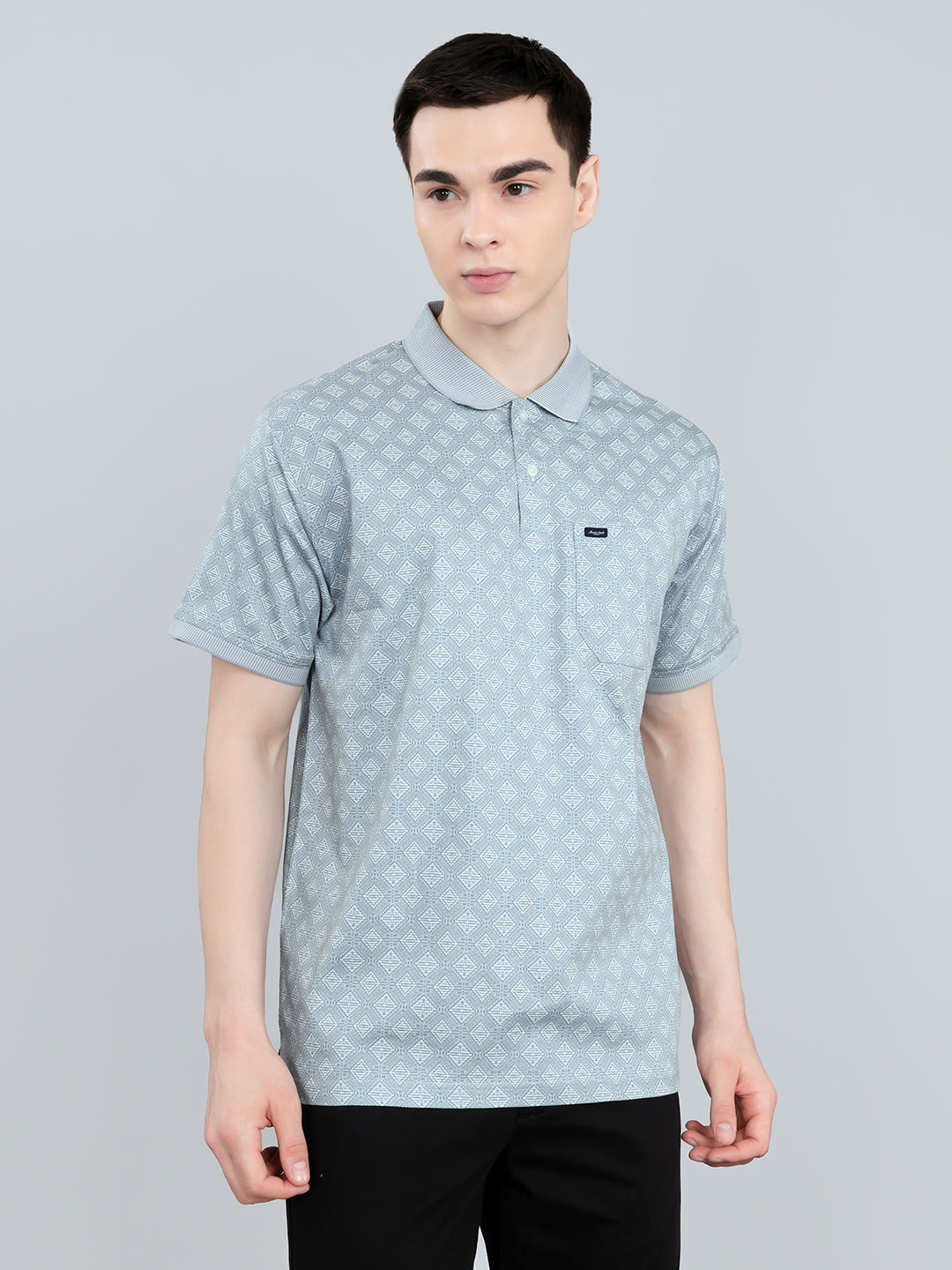 Men Blue Printed Collar Half Sleeve T-Shirt