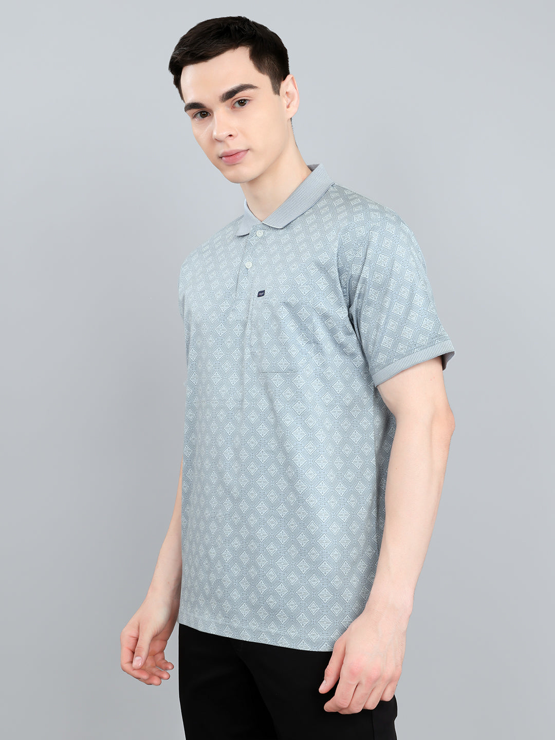 Men Blue Printed Collar Half Sleeve T-Shirt