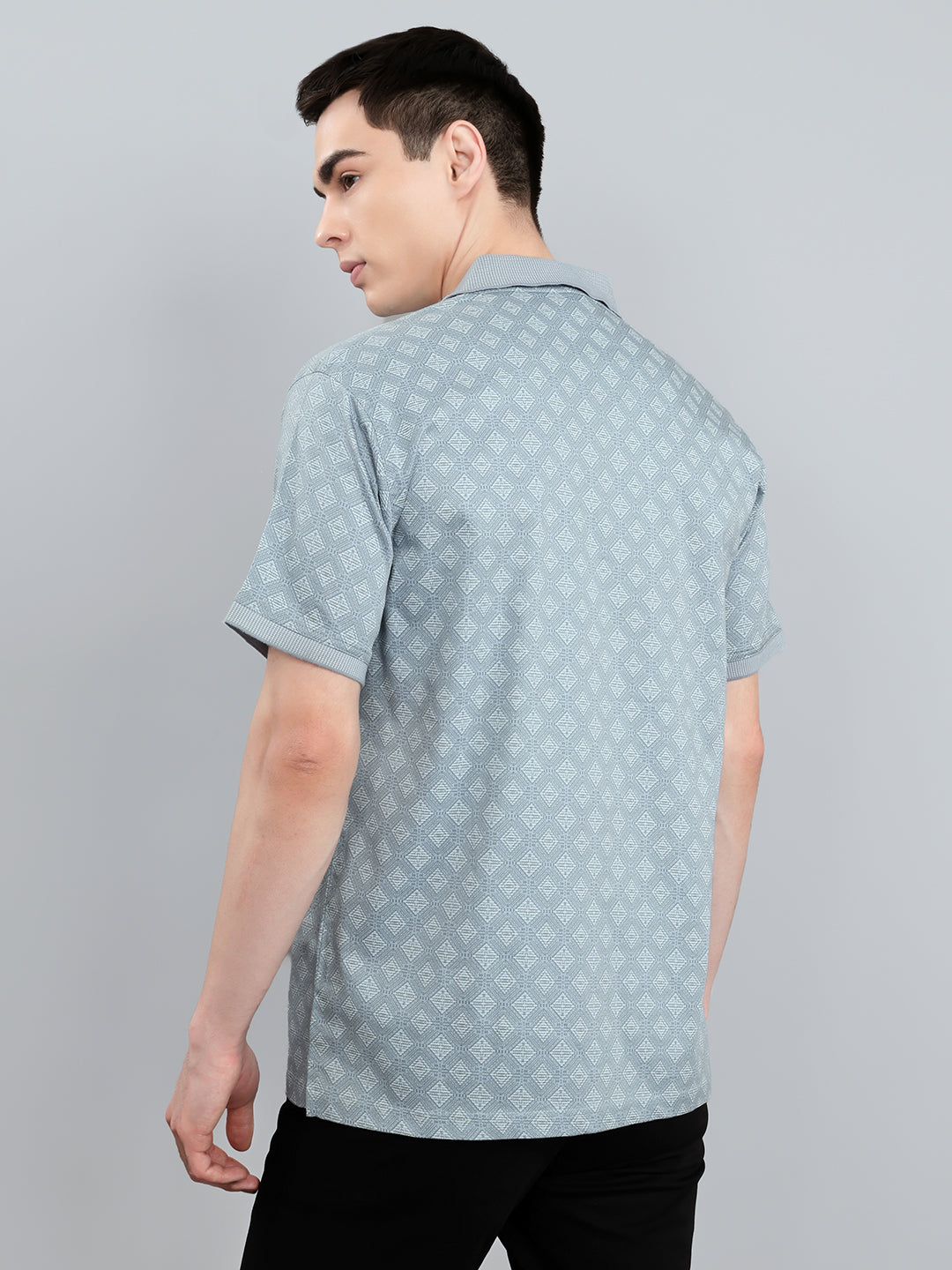 Men Blue Printed Collar Half Sleeve T-Shirt