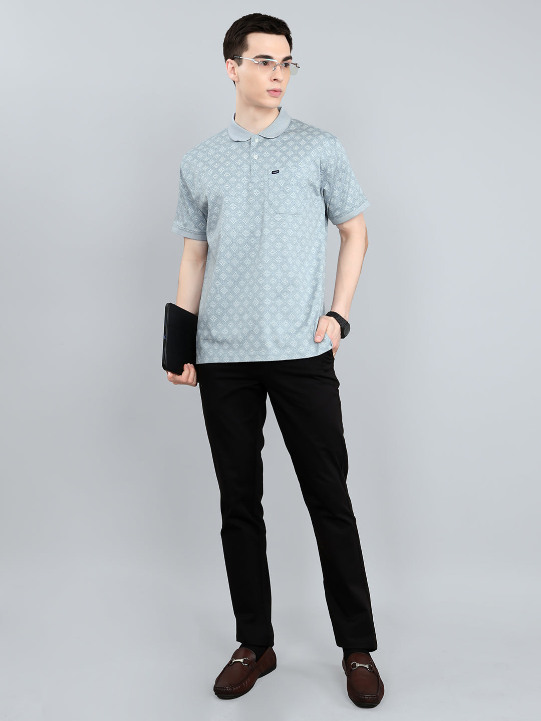 Men Blue Printed Collar Half Sleeve T-Shirt