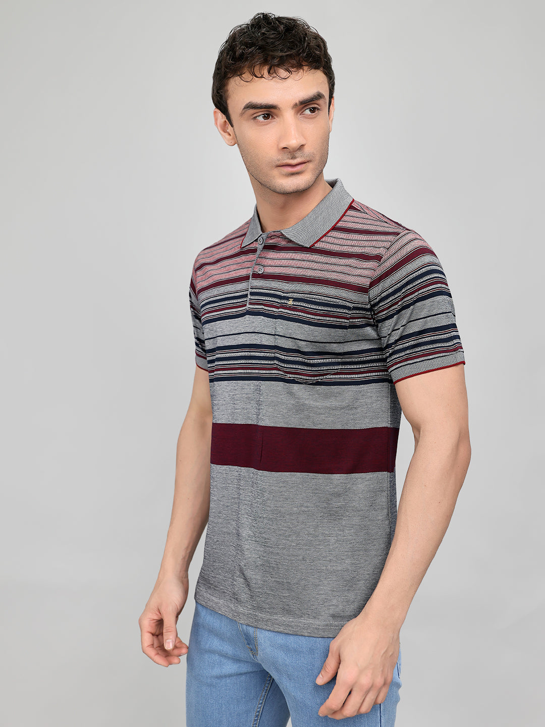 Luxuria Men Maroon Stripe Collar Half Sleeve T-Shirt