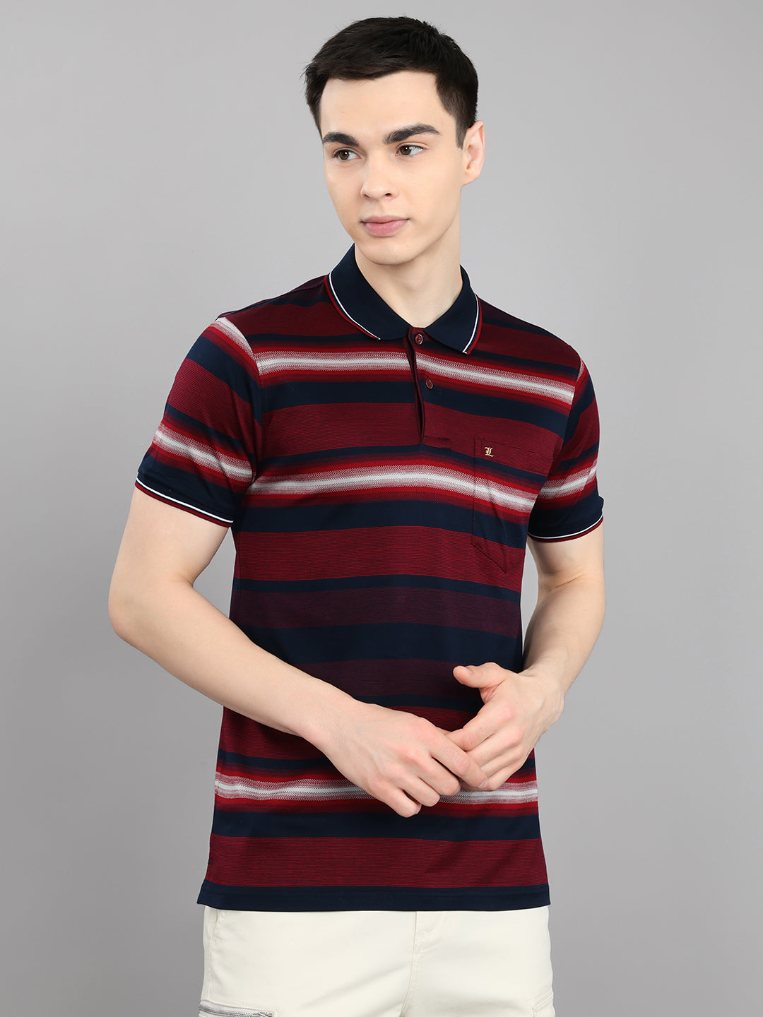 Luxuria Men Maroon Stripe Collar Half Sleeve T-Shirt