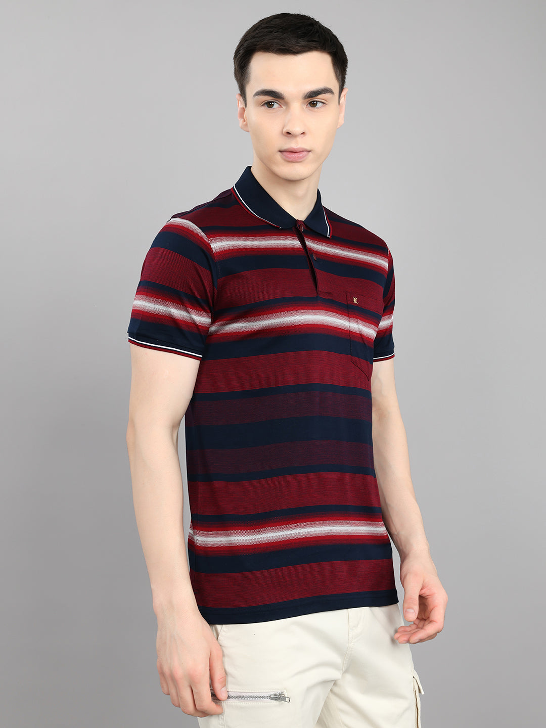 Luxuria Men Maroon Stripe Collar Half Sleeve T-Shirt