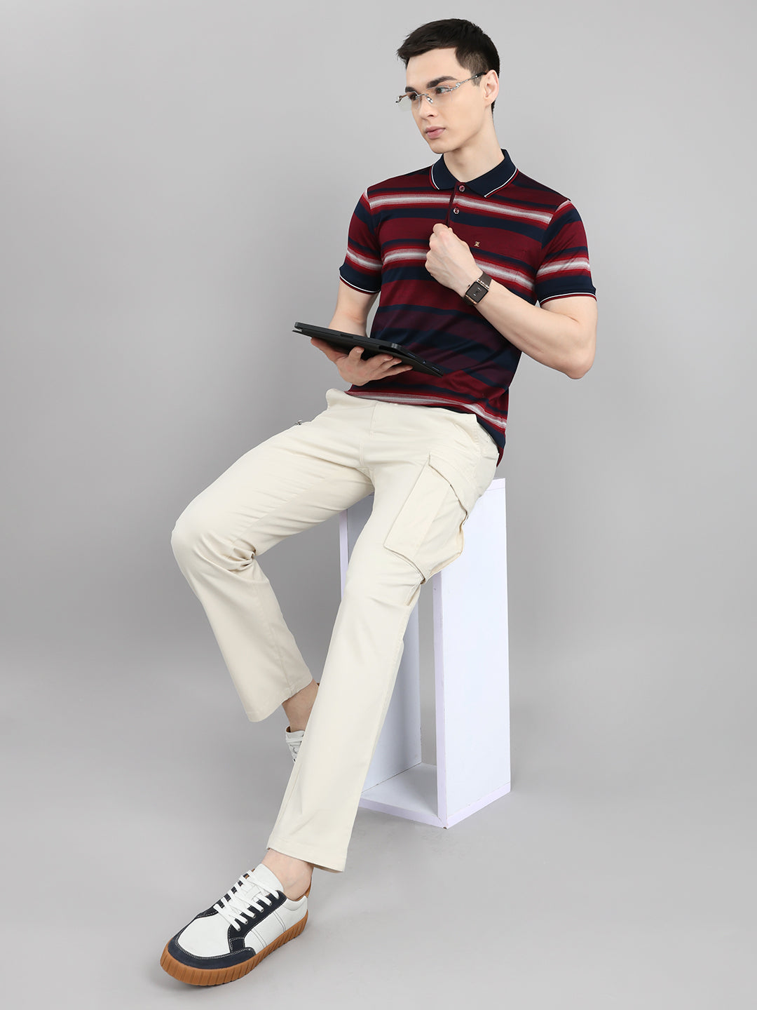 Luxuria Men Maroon Stripe Collar Half Sleeve T-Shirt