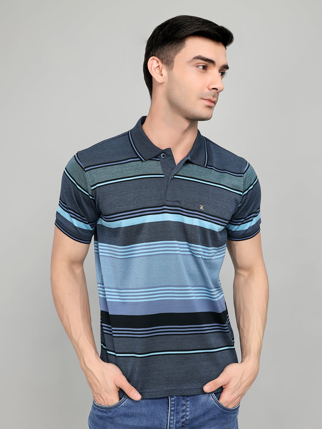 Luxuria Men Navy Blue Printed Collar Half Sleeve T-Shirt
