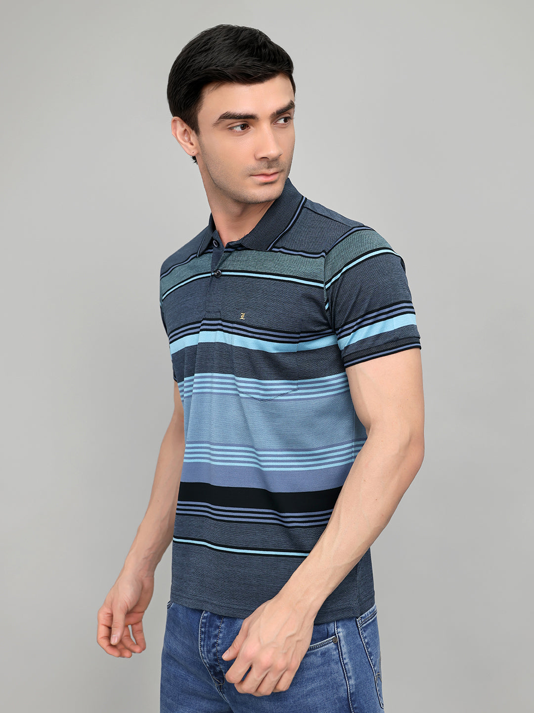 Luxuria Men Navy Blue Printed Collar Half Sleeve T-Shirt