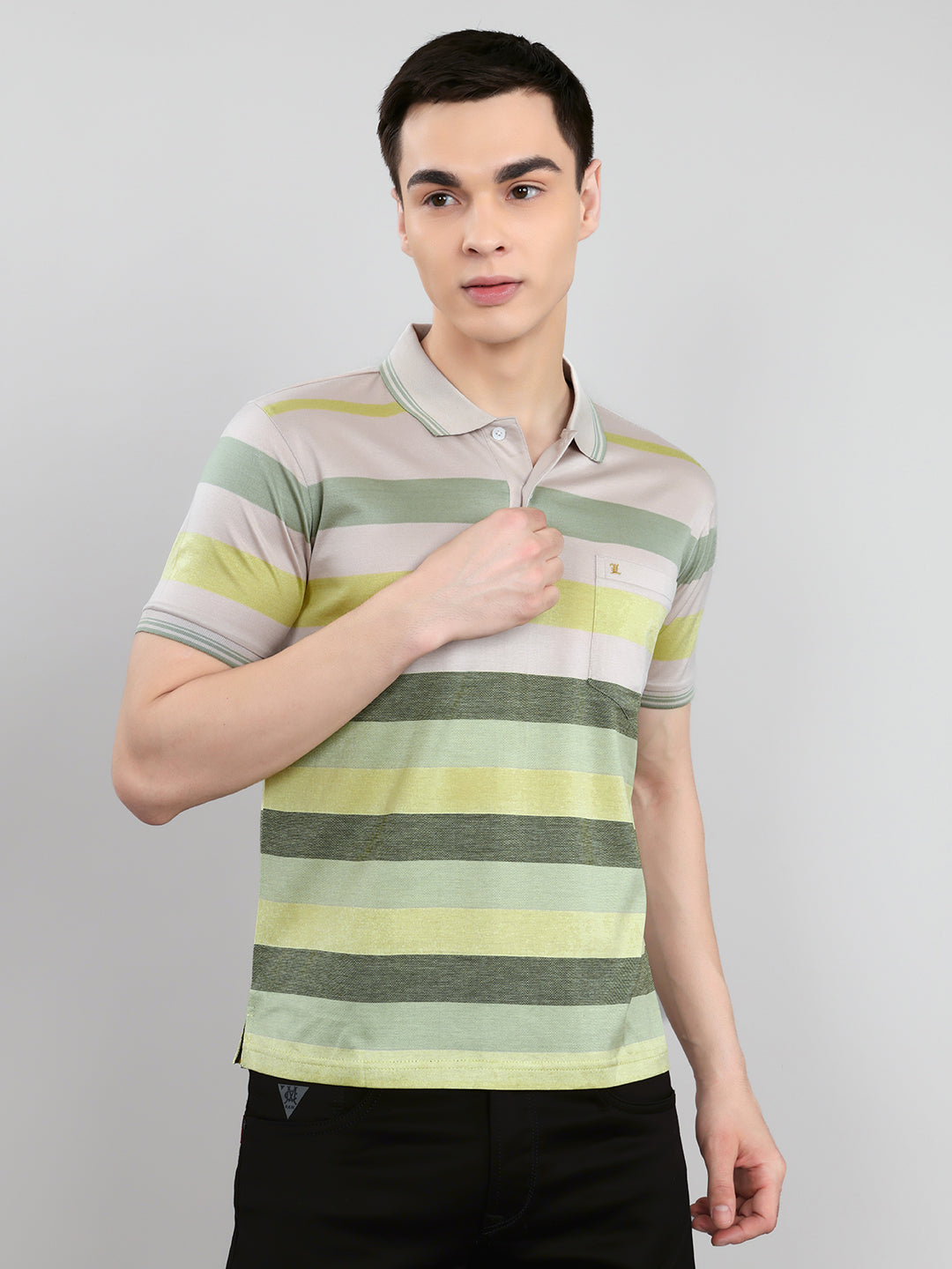 Luxuria Men Multicolor Stripe Collar Half Sleeve T-Shirt