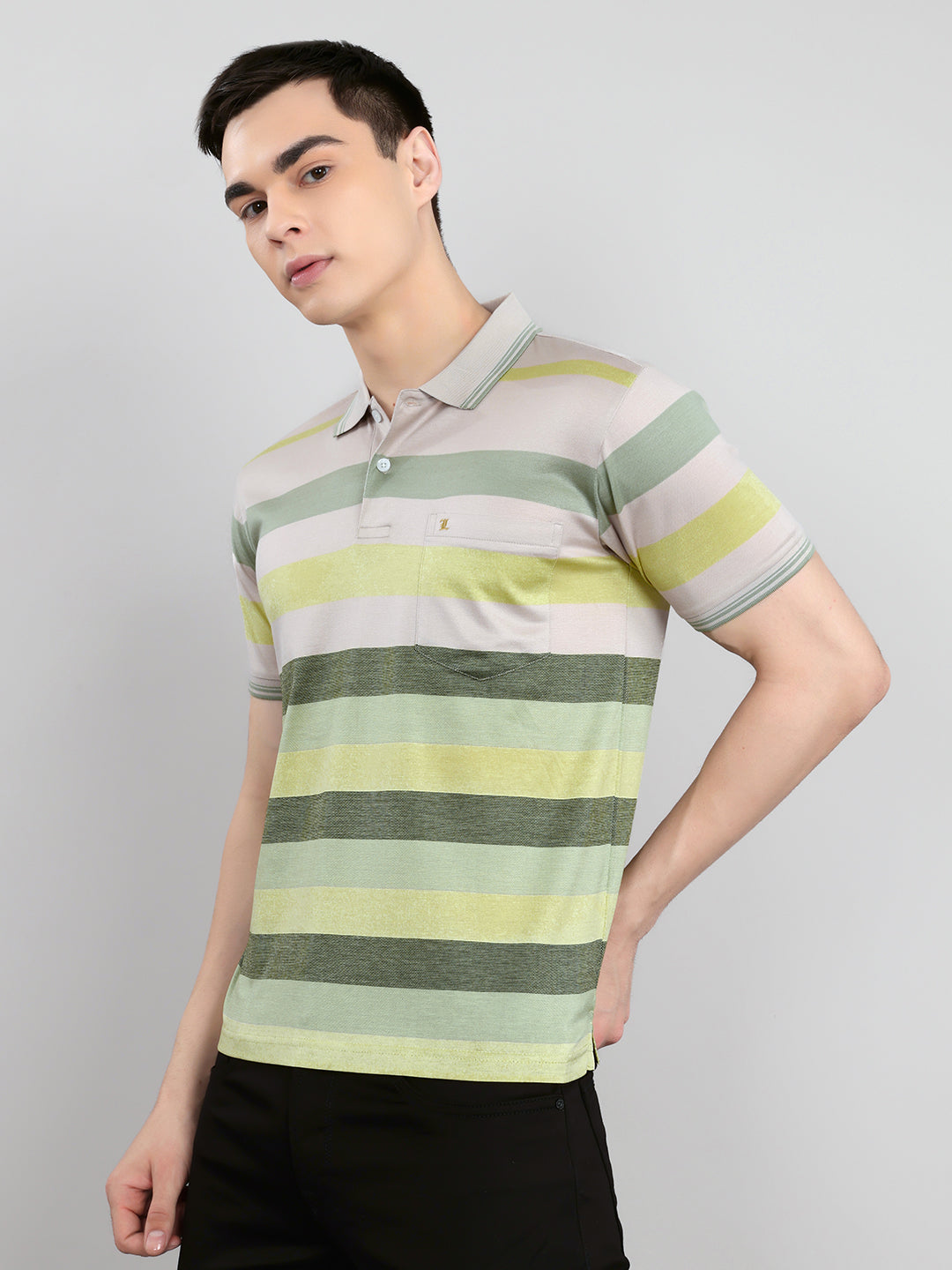 Luxuria Men Multicolor Stripe Collar Half Sleeve T-Shirt