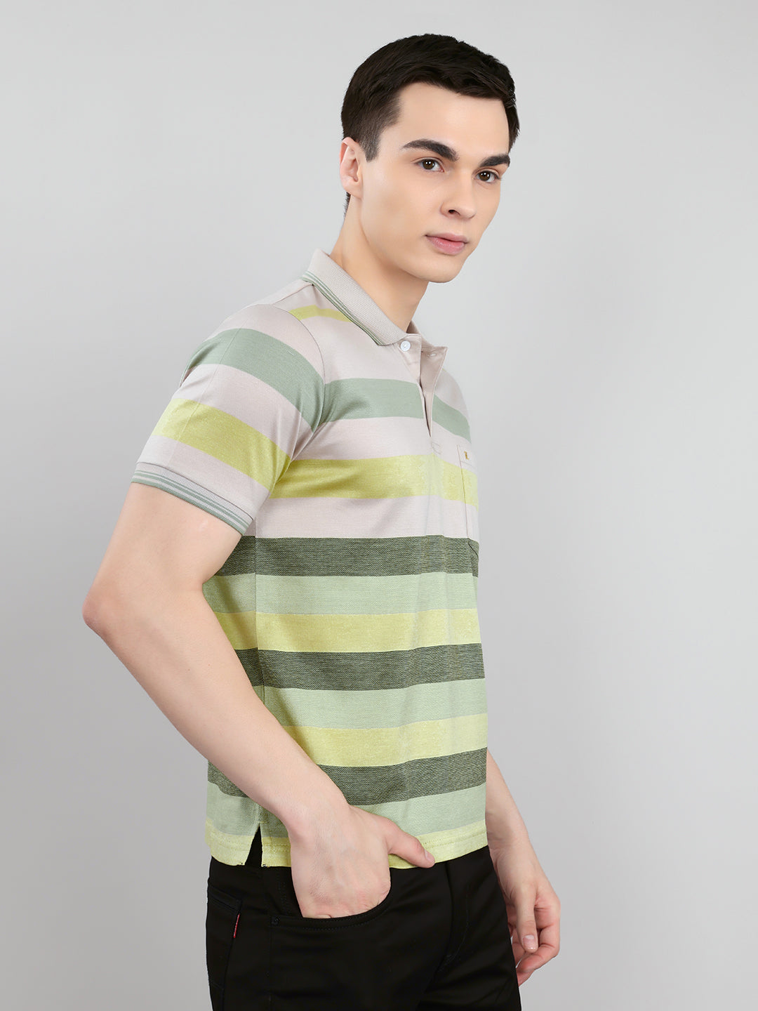 Luxuria Men Multicolor Stripe Collar Half Sleeve T-Shirt