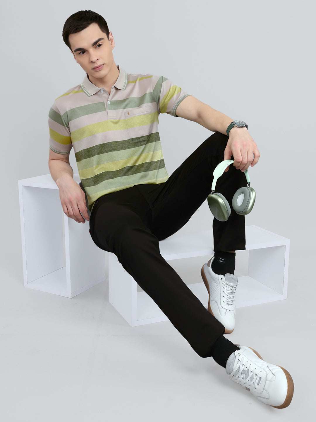 Luxuria Men Multicolor Stripe Collar Half Sleeve T-Shirt