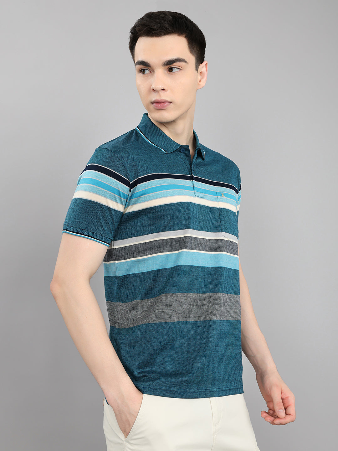 Luxuria Men Teal Blue Stripe Collar Half Sleeve T-Shirt