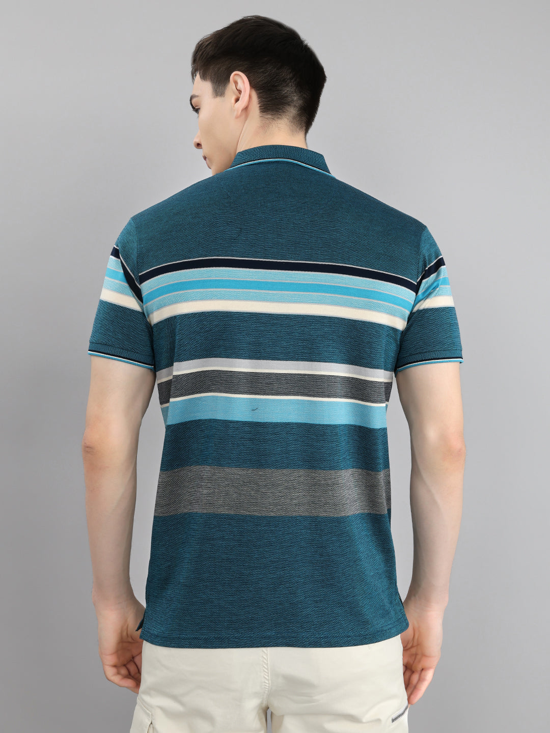 Luxuria Men Teal Blue Stripe Collar Half Sleeve T-Shirt
