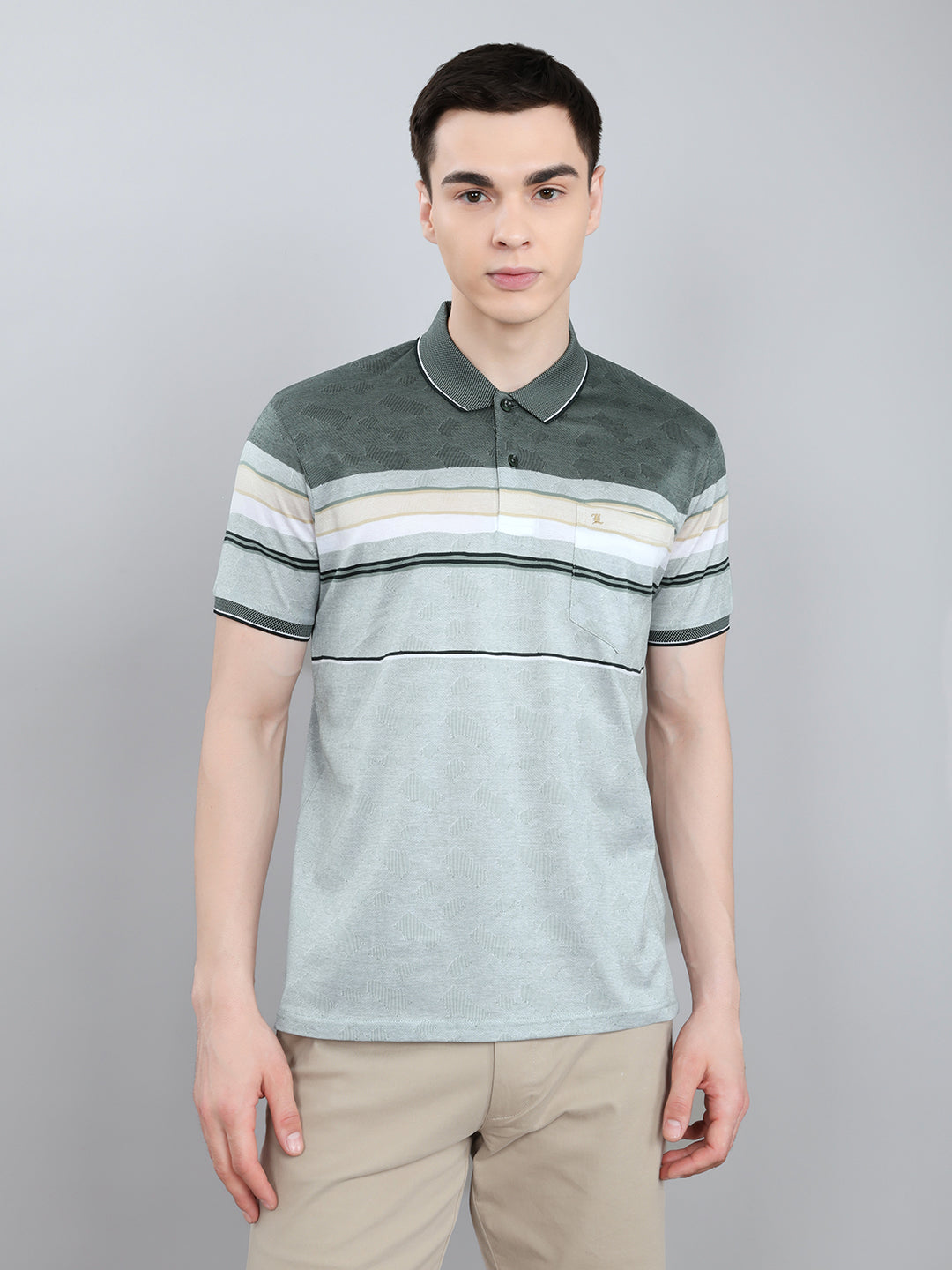 Luxuria Men Sea Green Stripe Collar Half Sleeve T-Shirt