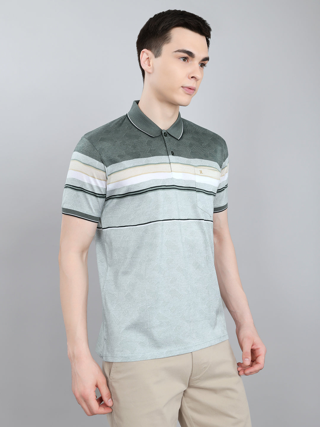 Luxuria Men Sea Green Stripe Collar Half Sleeve T-Shirt