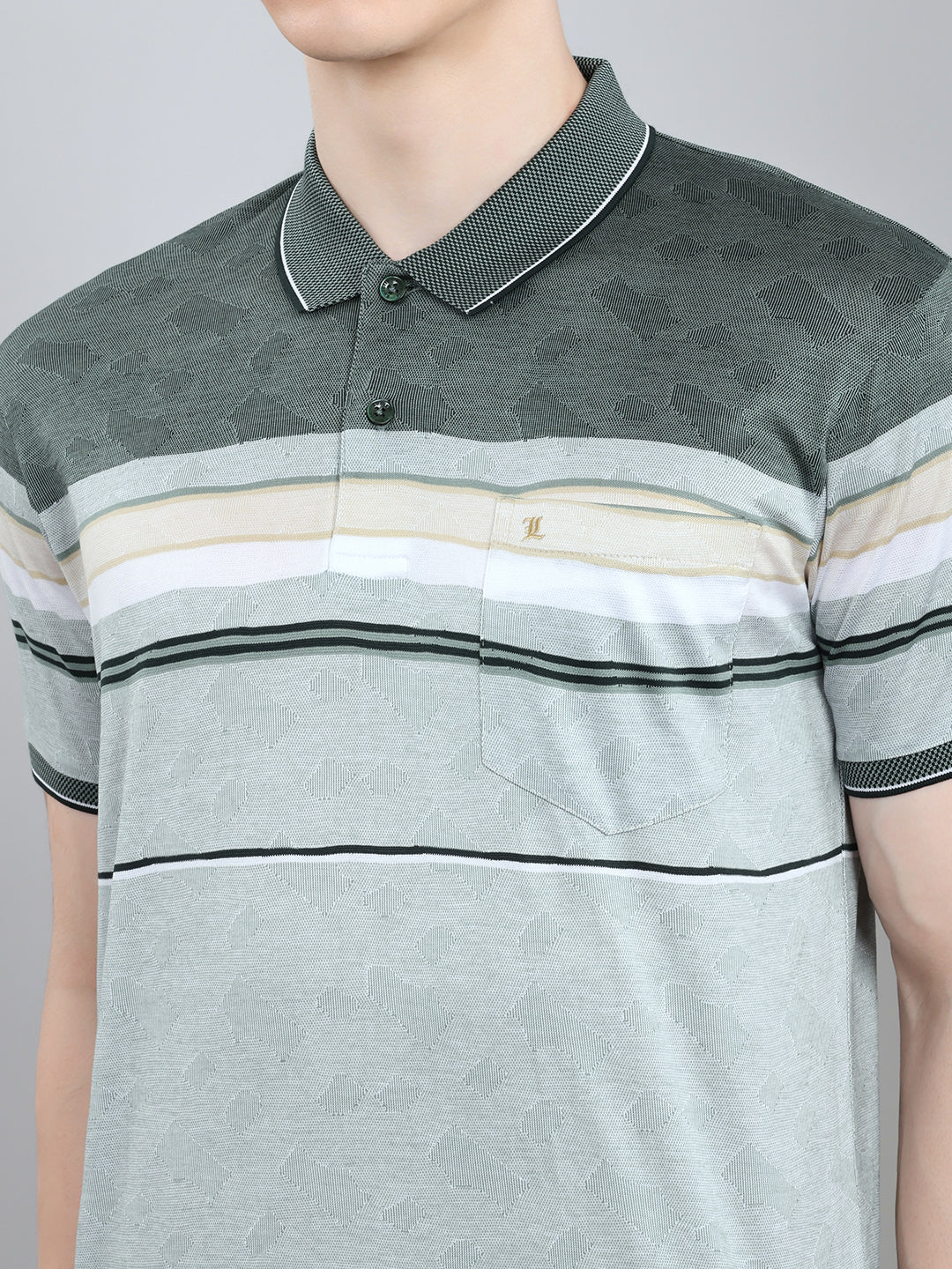 Luxuria Men Sea Green Stripe Collar Half Sleeve T-Shirt