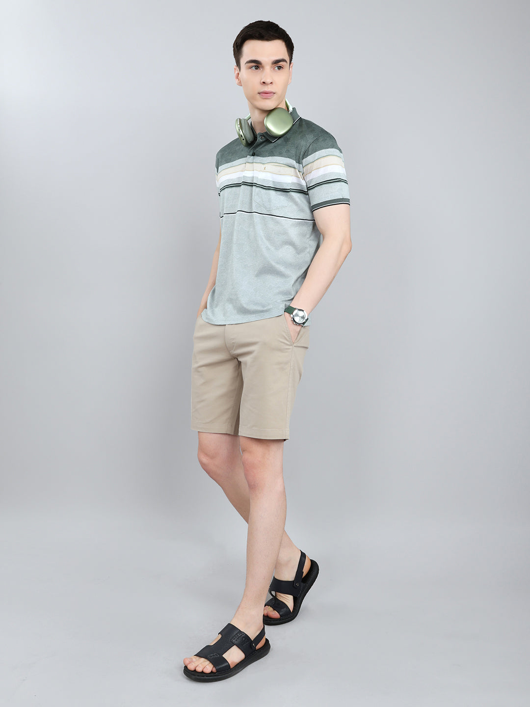 Luxuria Men Sea Green Stripe Collar Half Sleeve T-Shirt