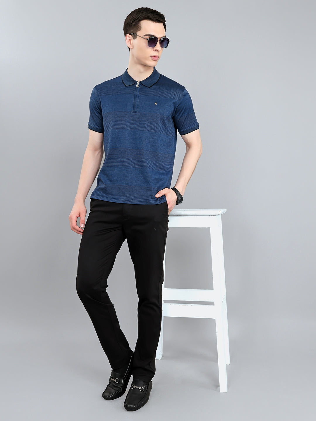 Luxuria Men Blue Printed Collar Half Sleeve T-Shirt