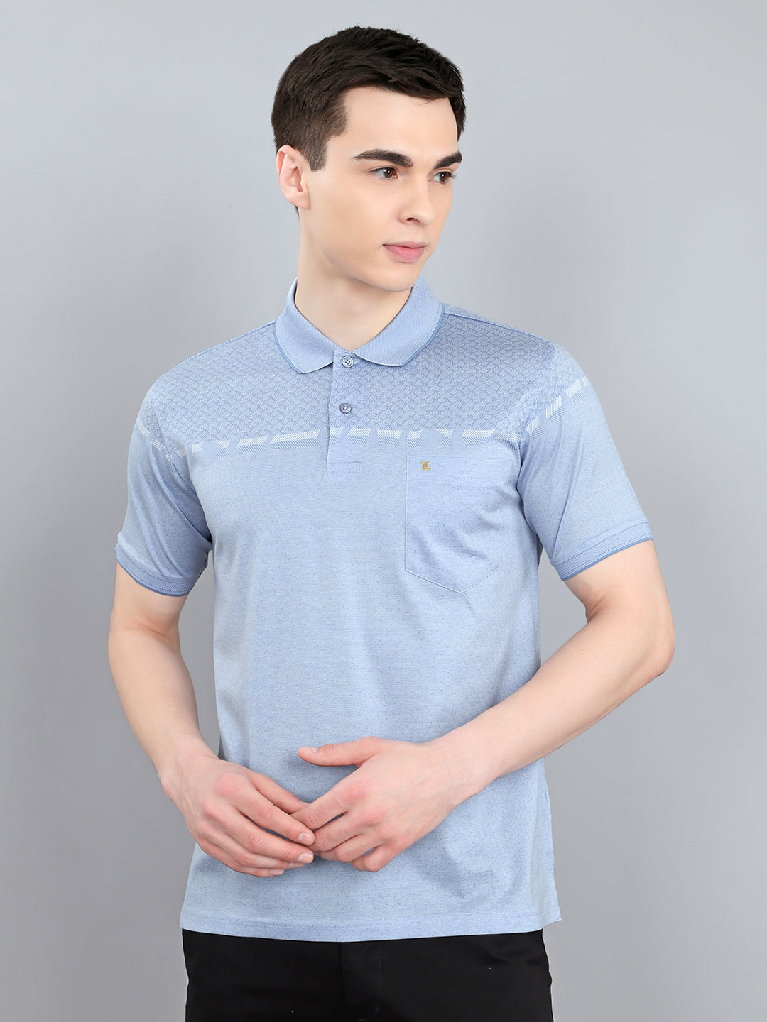 Luxuria Men Sky Blue Printed Collar Half Sleeve T-Shirt