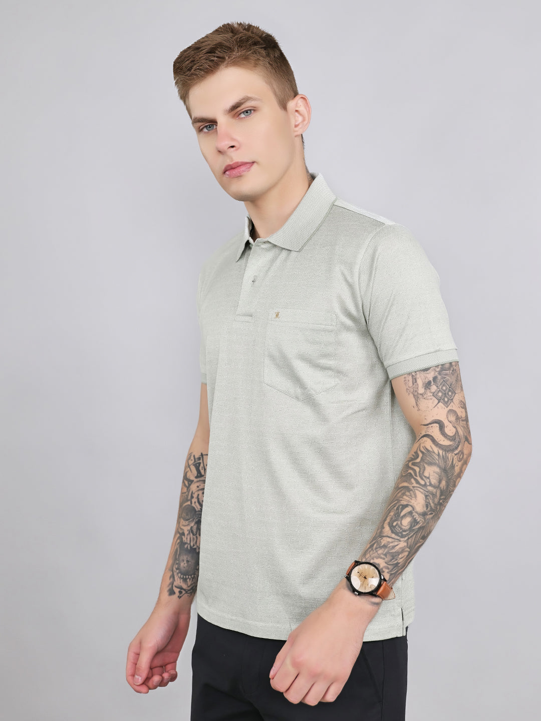 Luxuria Men Sea Green Printed Collar Half Sleeve T-Shirt