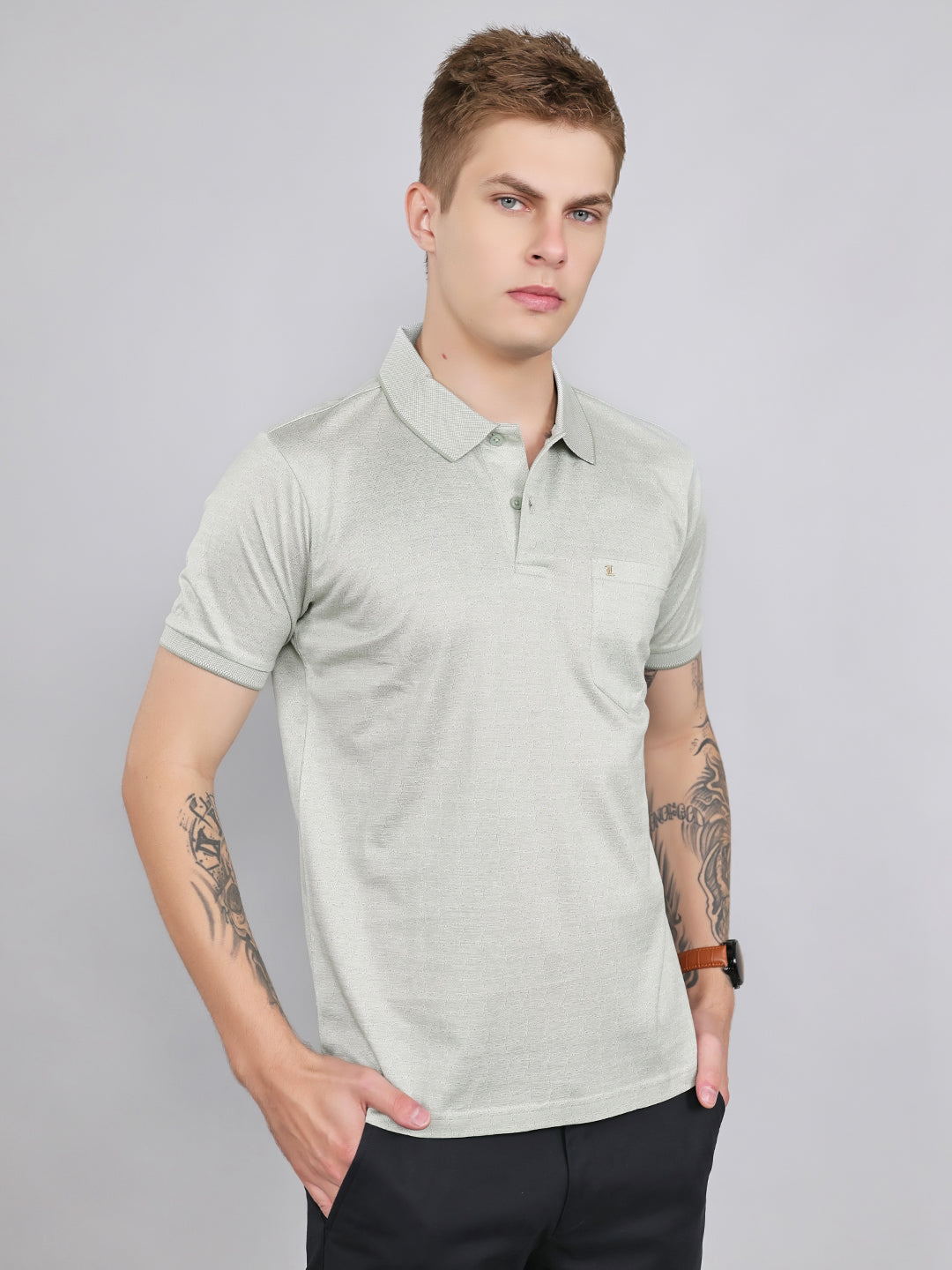 Luxuria Men Sea Green Printed Collar Half Sleeve T-Shirt
