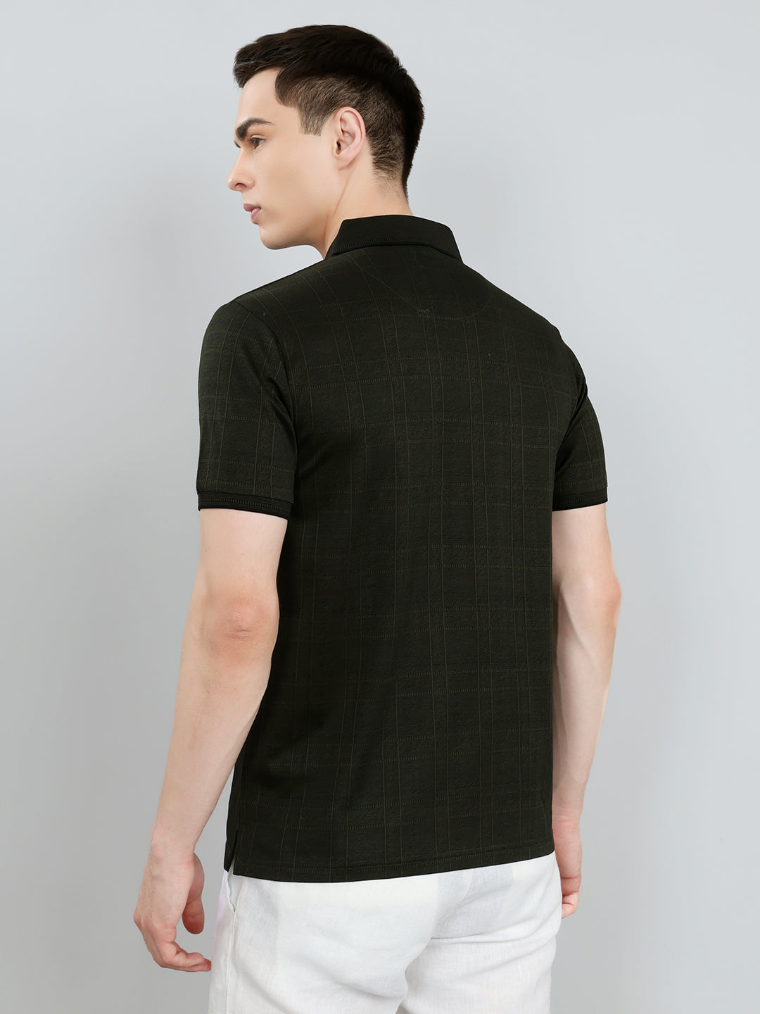 Luxuria Men Olive Stripe Collar Half Sleeve T-Shirt