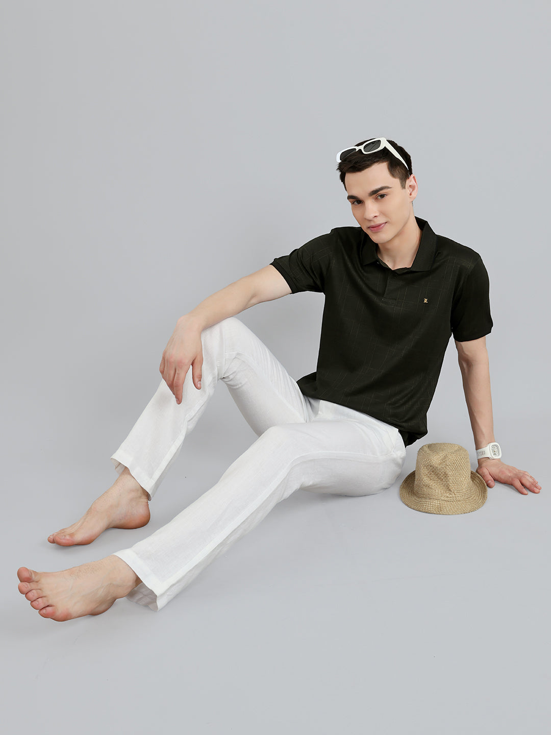 Luxuria Men Olive Stripe Collar Half Sleeve T-Shirt