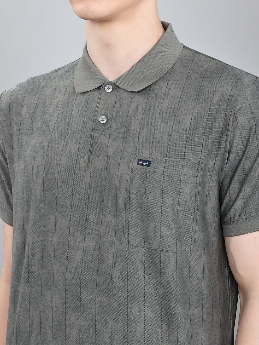 Men Grey Stripe Collar Half Sleeve T-Shirt