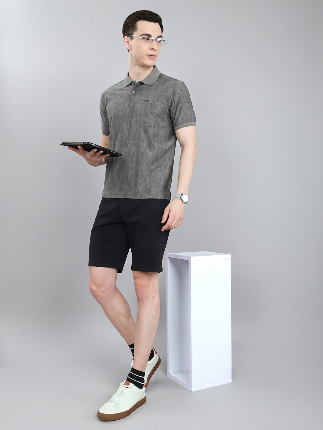 Men Grey Stripe Collar Half Sleeve T-Shirt