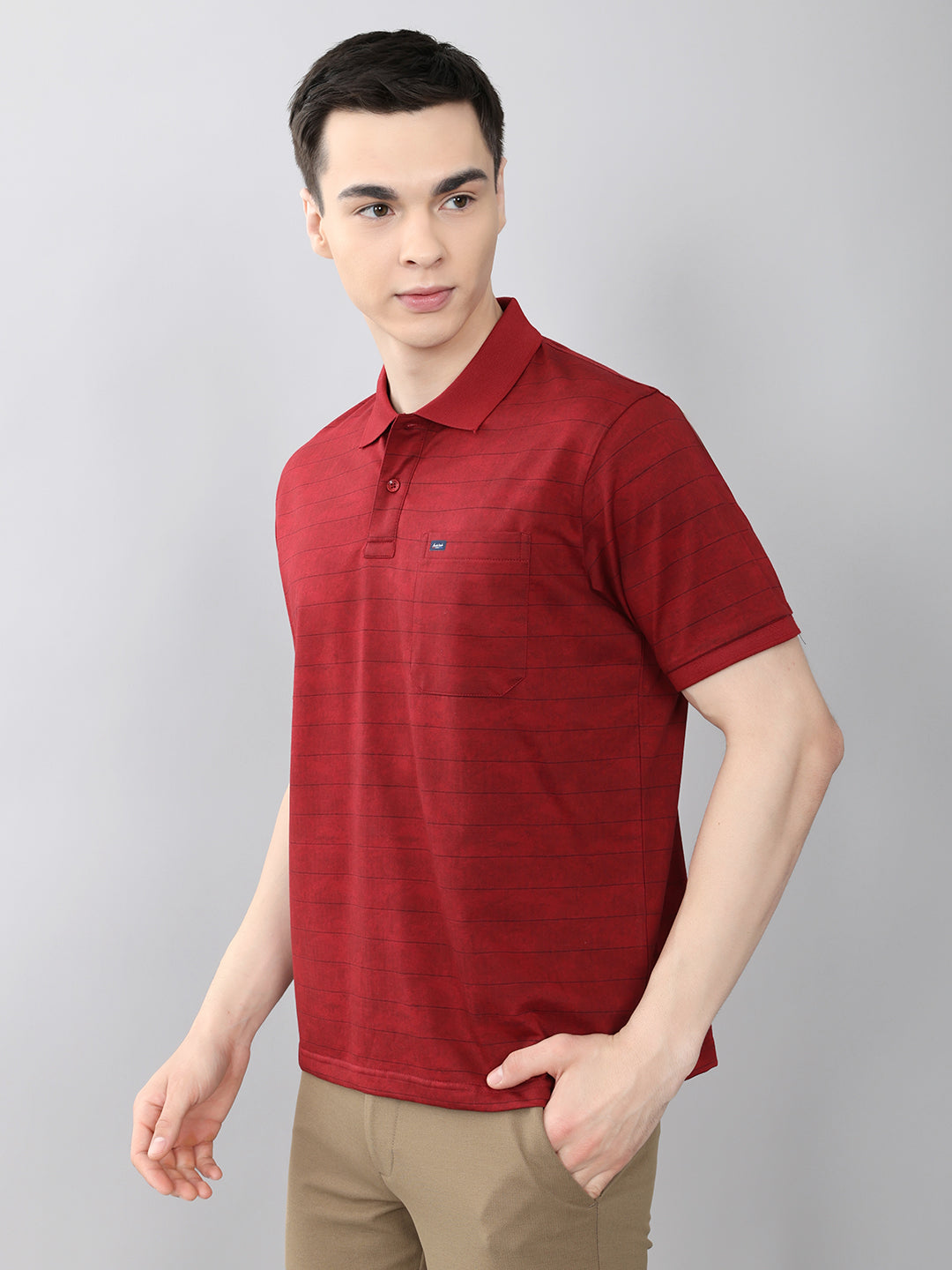 Men Maroon Stripe Collar Half Sleeve T-Shirt