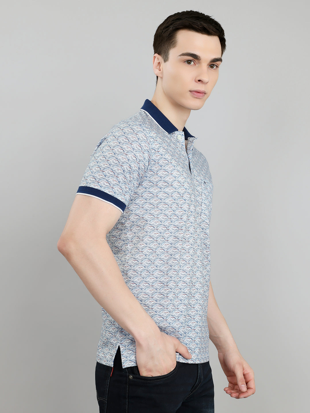Men Blue Printed Collar Half Sleeve T-Shirt