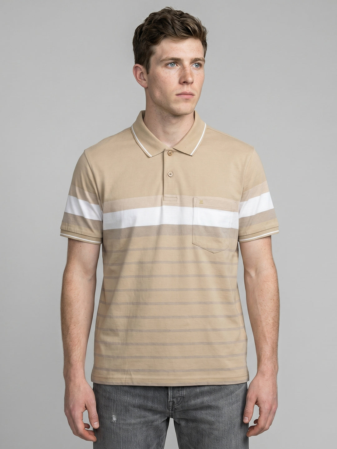 Men Beige Stripe Polo Collar Half Sleeve T-Shirt