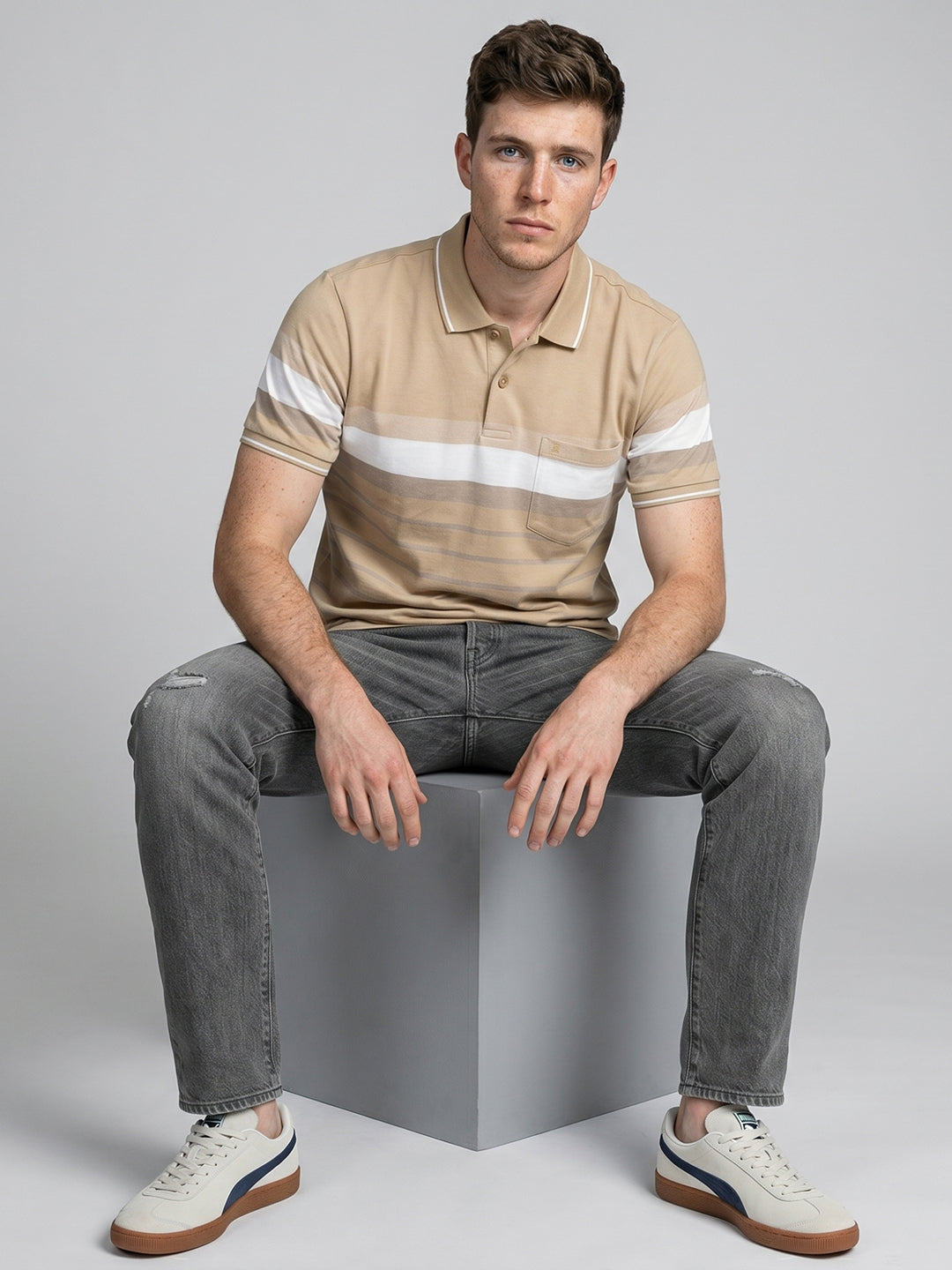 Men Beige Stripe Polo Collar Half Sleeve T-Shirt