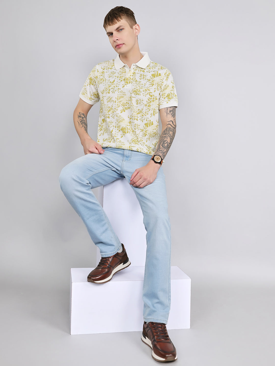 Men Yellow Printed Collar Half Sleeve T-Shirt