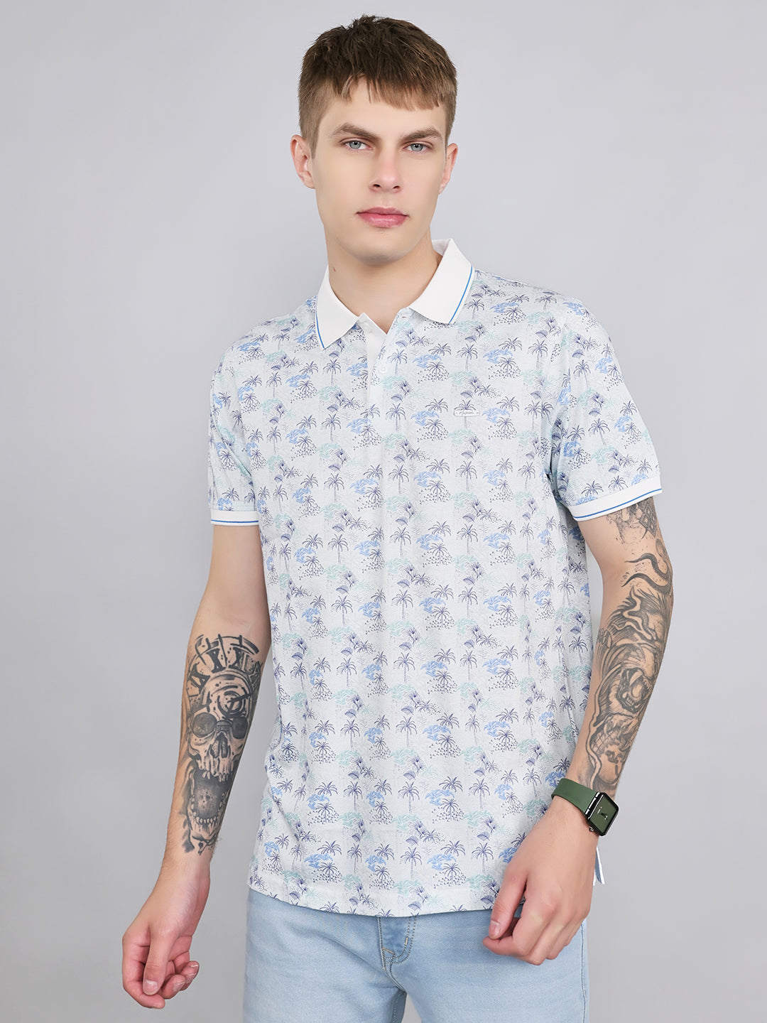 Men White Printed Collar Half Sleeve T-Shirt