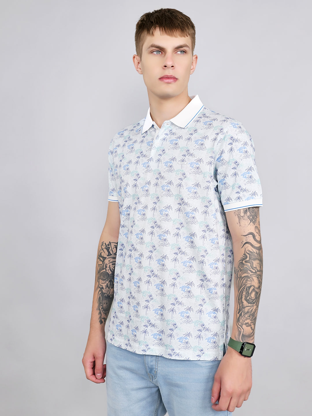 Men White Printed Collar Half Sleeve T-Shirt