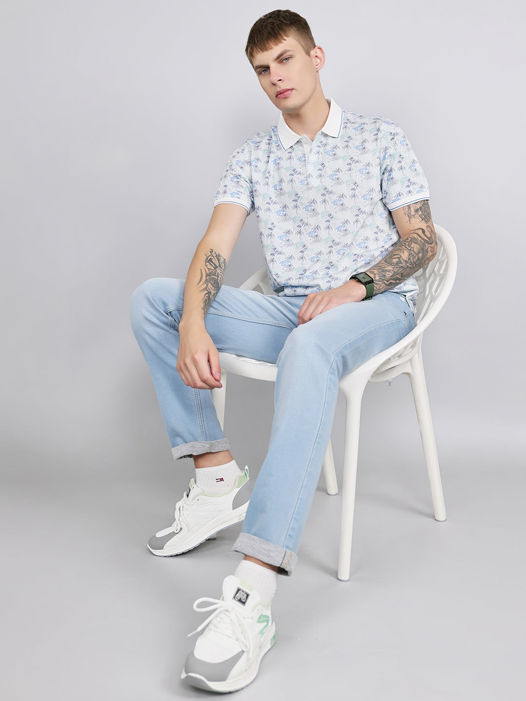 Men White Printed Collar Half Sleeve T-Shirt