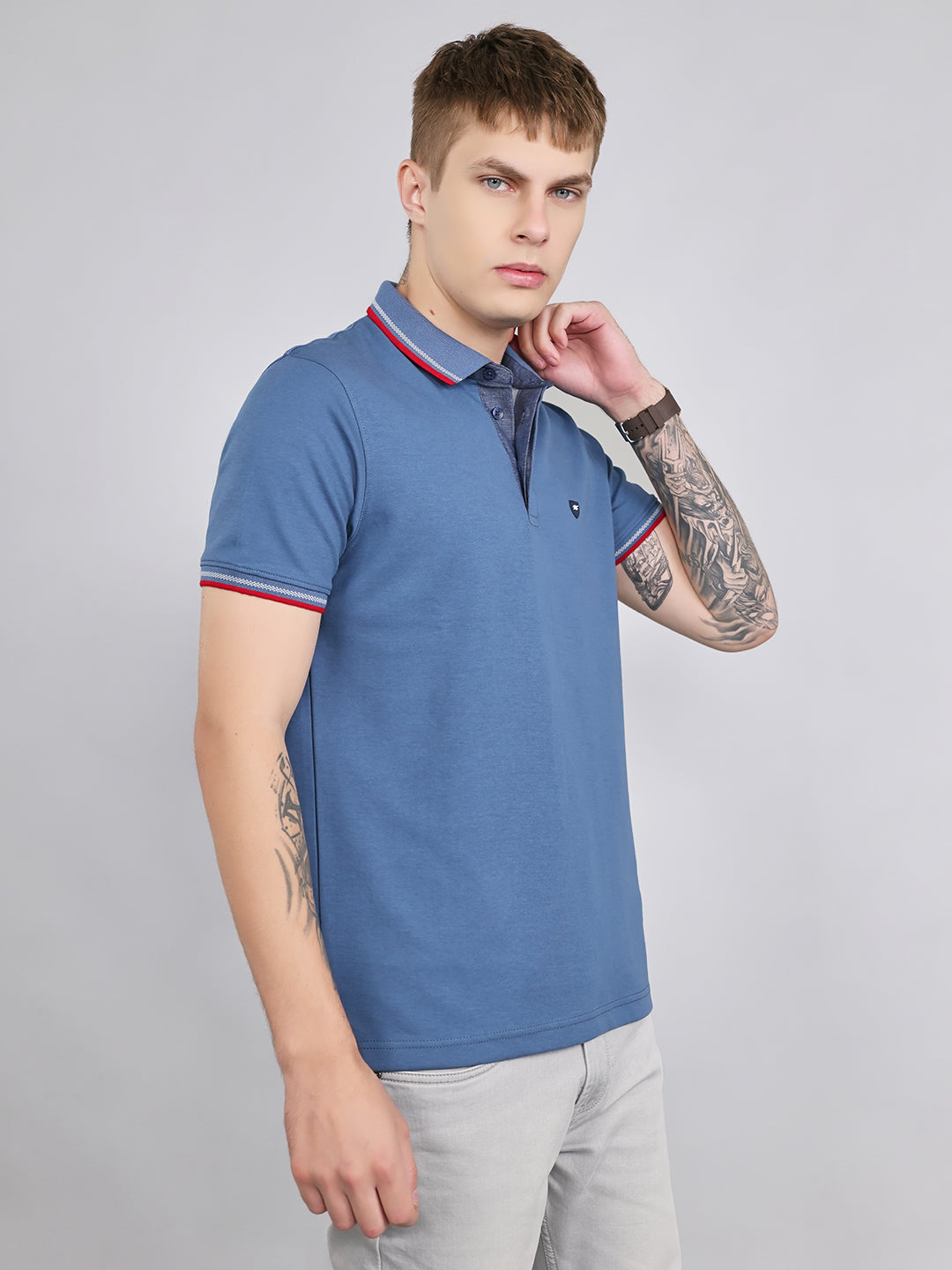 Men Blue Solid Collar Half Sleeve T-Shirt