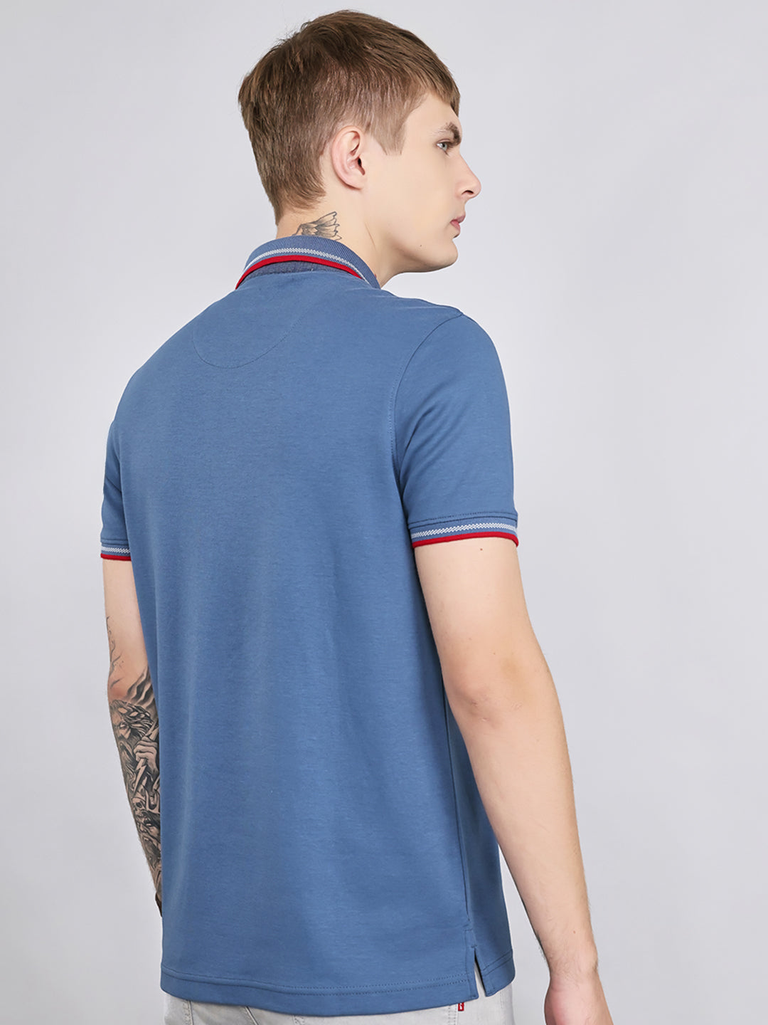 Men Blue Solid Collar Half Sleeve T-Shirt