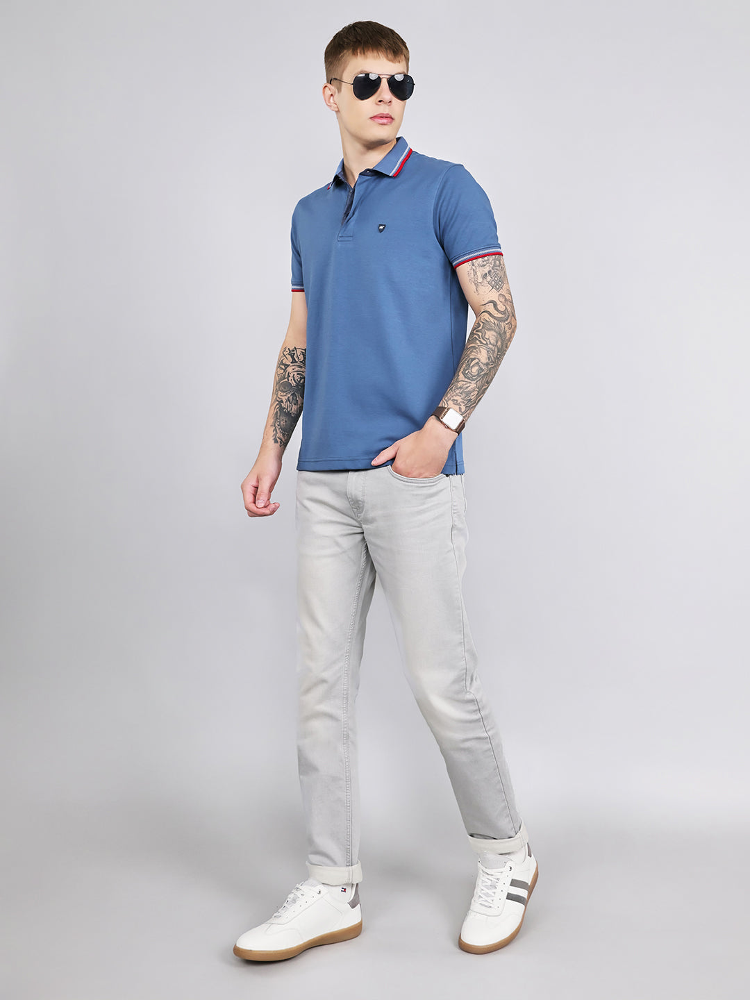 Men Blue Solid Collar Half Sleeve T-Shirt