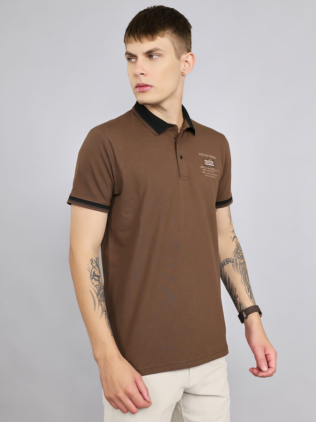 Men Brown Solid Collar Half Sleeve T-Shirt