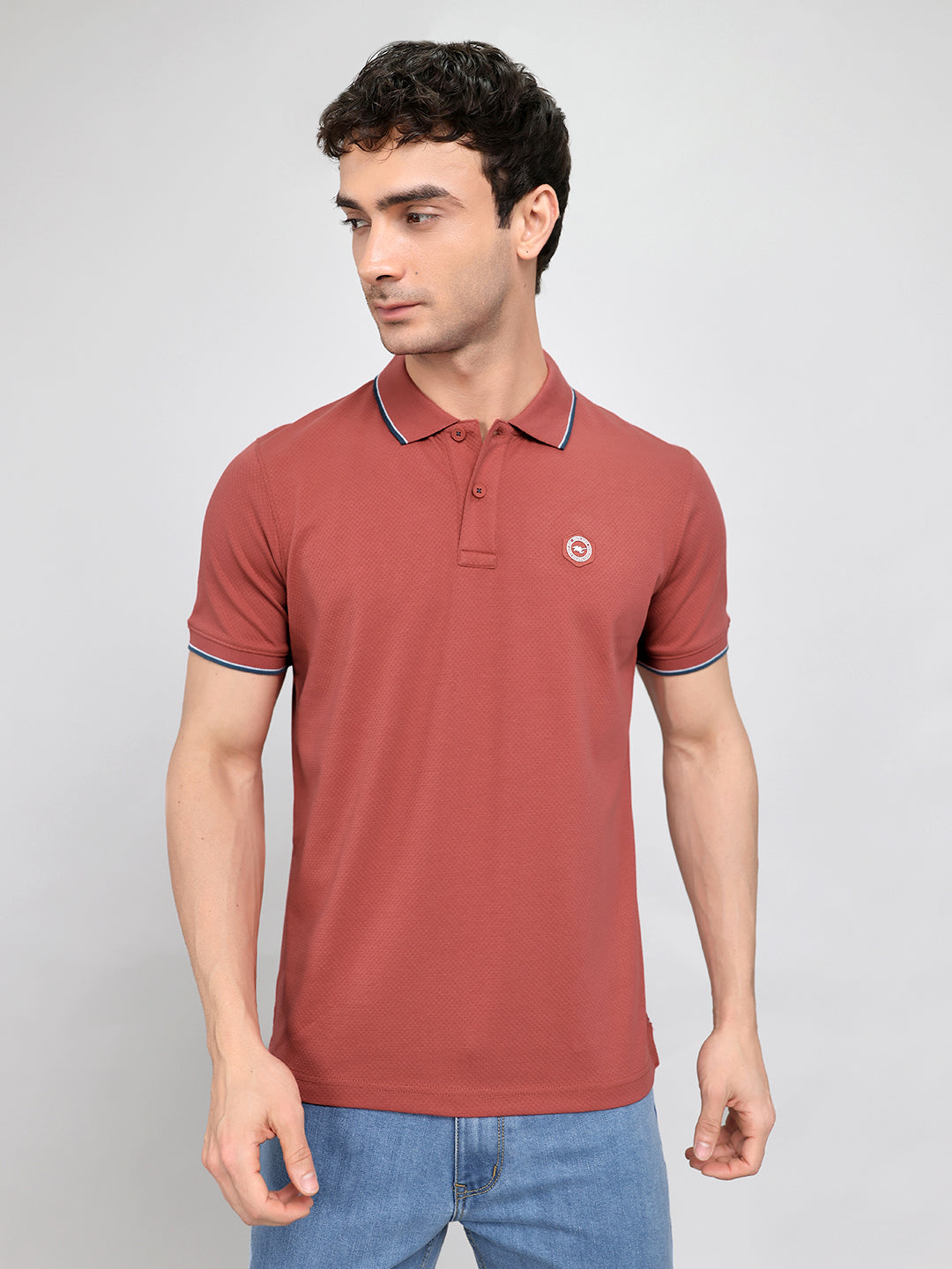 Men Rust Solid Collar Half Sleeve T-Shirt