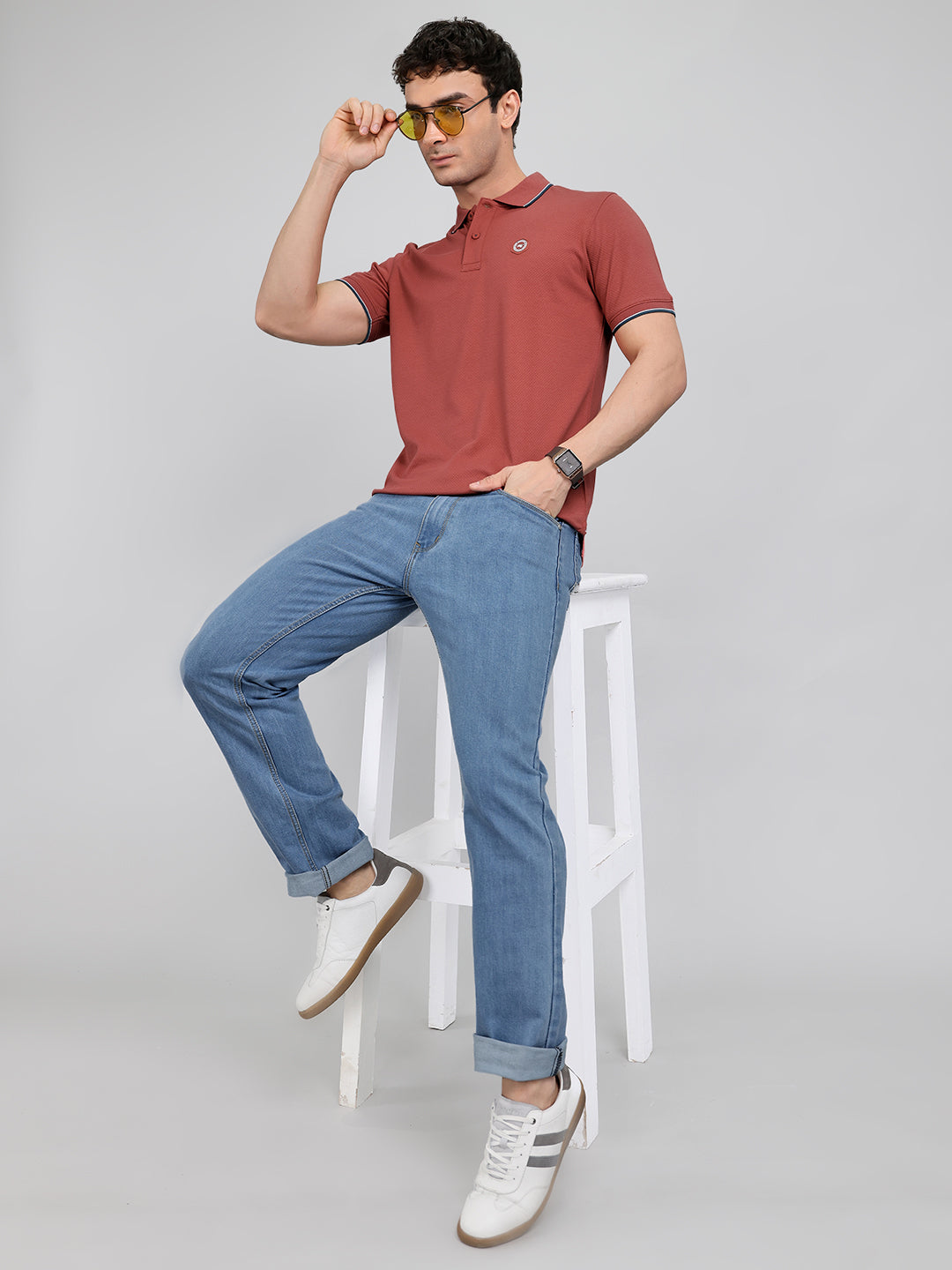 Men Rust Solid Collar Half Sleeve T-Shirt