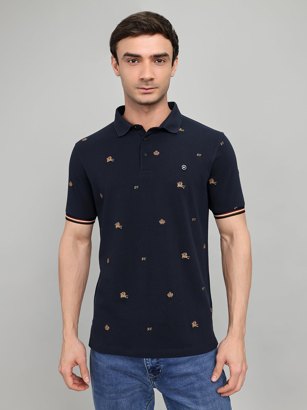 Men Navy Blue Embroidered Collar Half Sleeve T-Shirt
