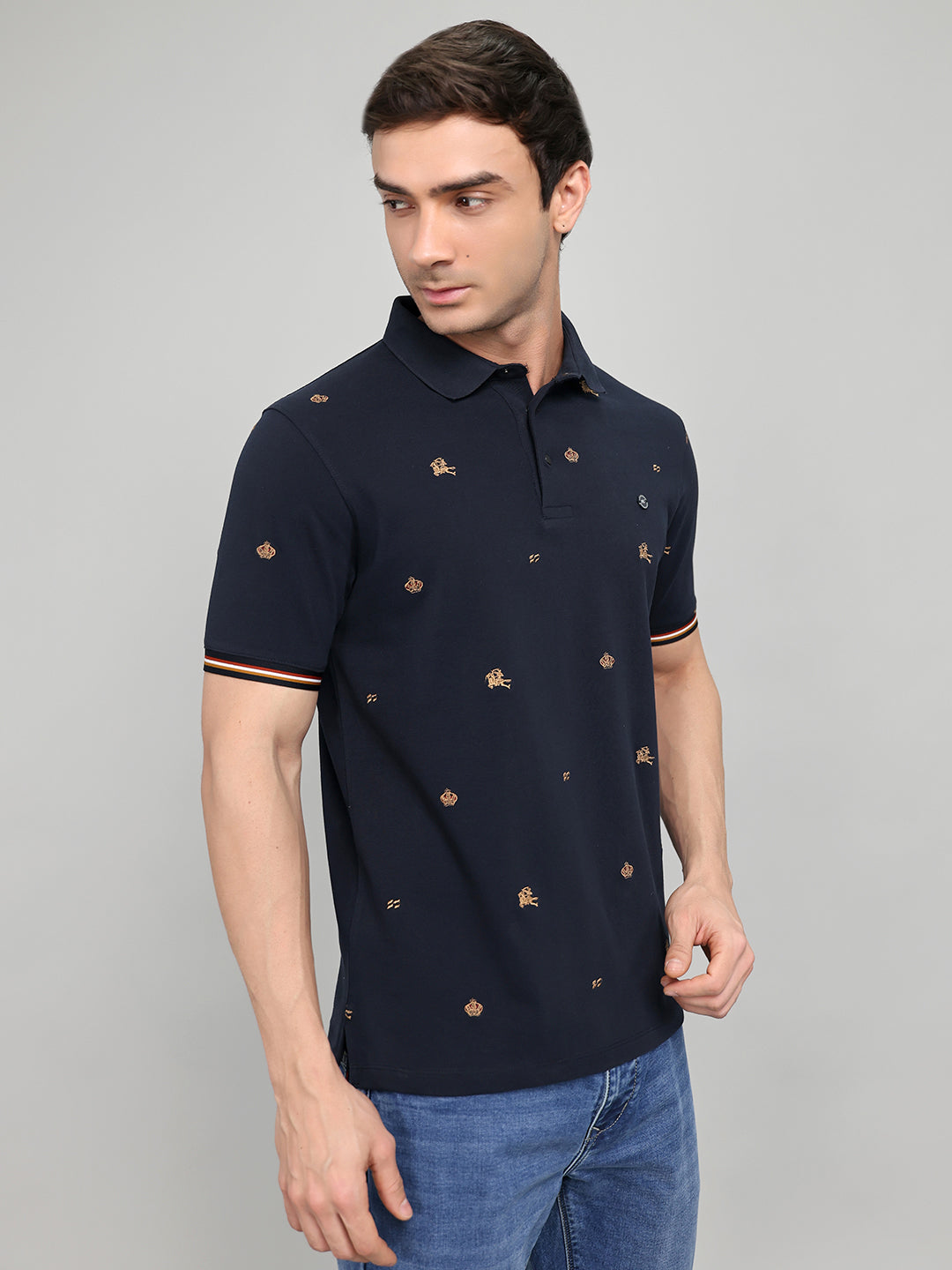 Men Navy Blue Embroidered Collar Half Sleeve T-Shirt