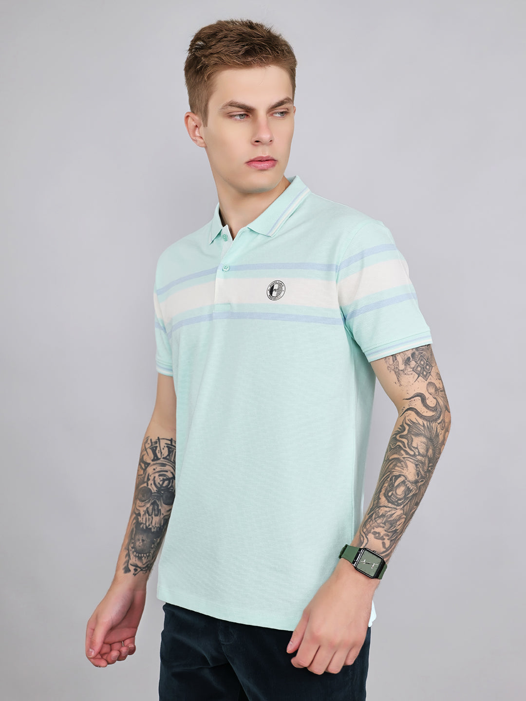 Men Turquoise Blue Stripe Collar Half Sleeve T-Shirt