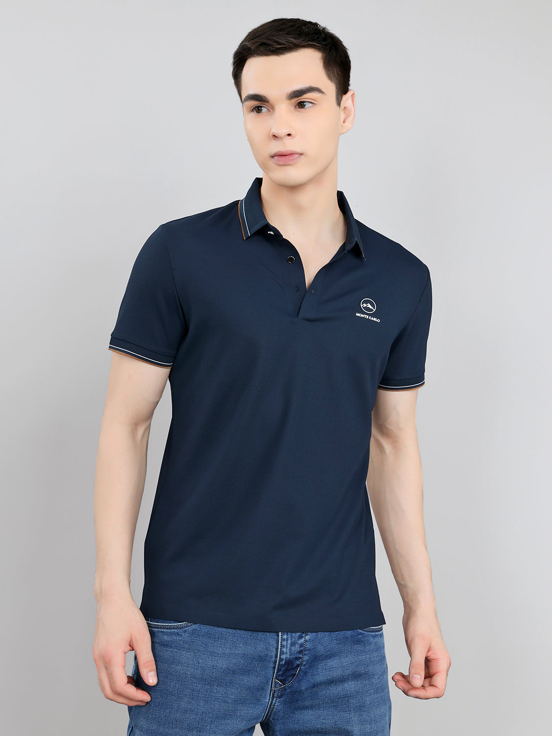 Men Navy Blue Solid Collar Half Sleeve T-Shirt