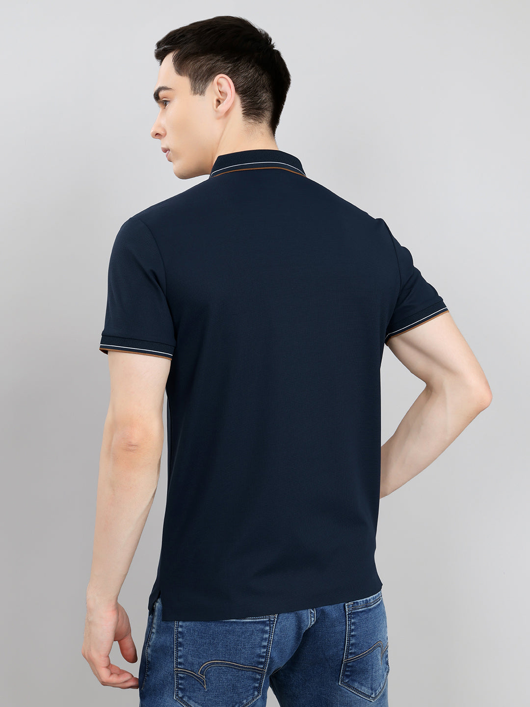 Men Navy Blue Solid Collar Half Sleeve T-Shirt