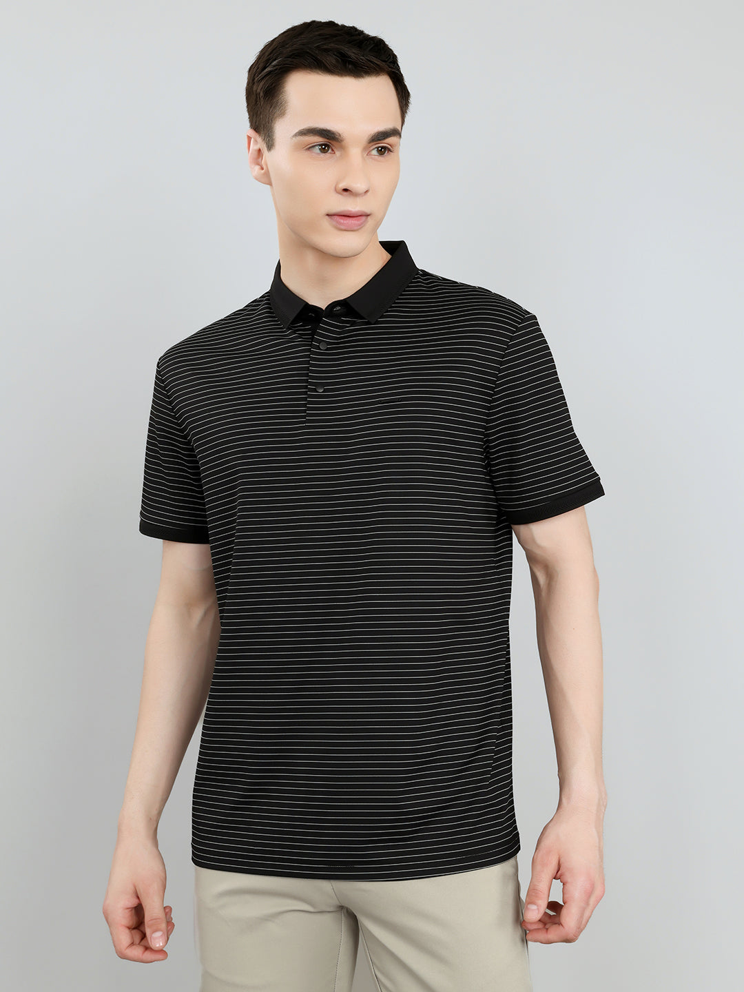 Men Black Stripe Collar Half Sleeve T-Shirt