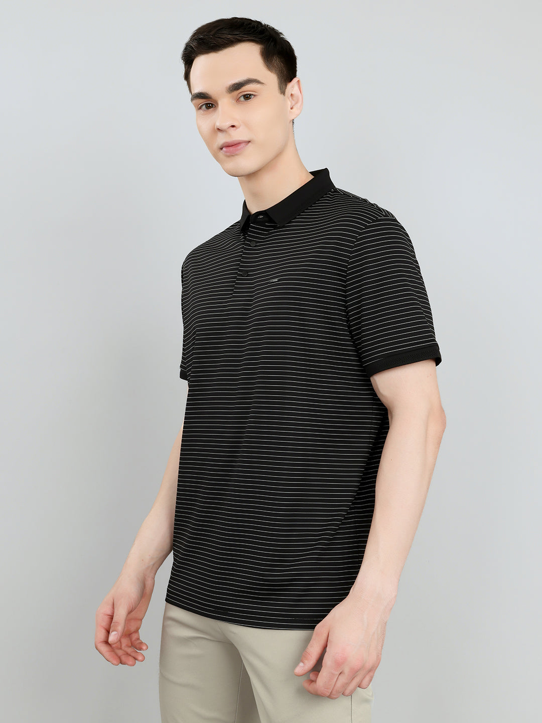 Men Black Stripe Collar Half Sleeve T-Shirt